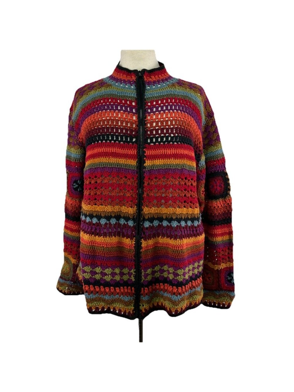 Y2K Coldwater Creek 1X Crochet Cardigan Sweater Large Boho Granny Square Vintage